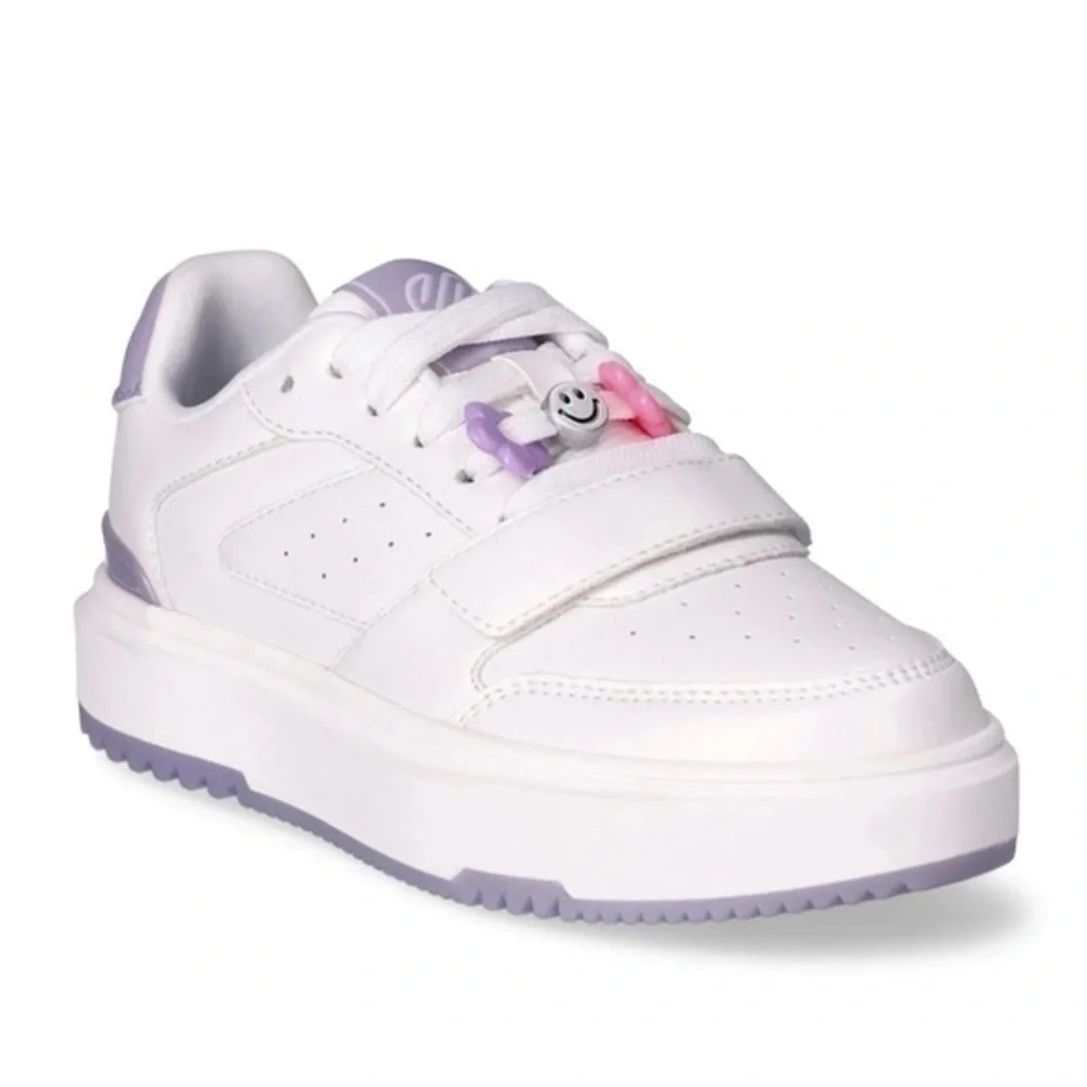 White and Purple Sneakers with Smiley Charms